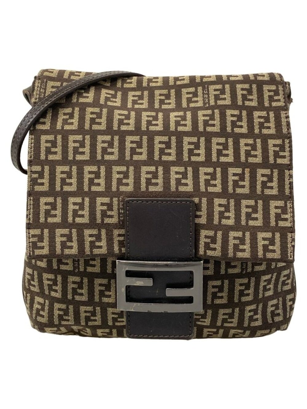 Fendi Shoulder Bag Zucchino Kamse Pochette Dark Brown Beige Leather